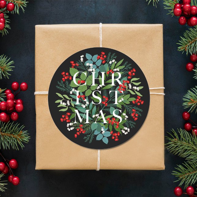 CHRISTMAS Berries Greenery Holiday Black Classic Round Sticker (CHRISTMAS Berries Greenery Holiday Black 3" Round Stickers (small 1-1/2" available, too.))
