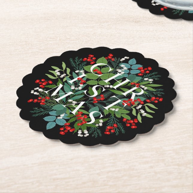 CHRISTMAS Berries Greenery Holiday Black Paper Coaster (Angled)
