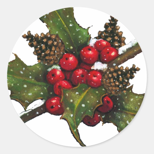 Christmas: Berries, Holly, Pine Cones: Art Classic Round Sticker (Front)