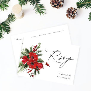 Christmas Berries & Pine Red Floral w Meal RSVP 4 Card