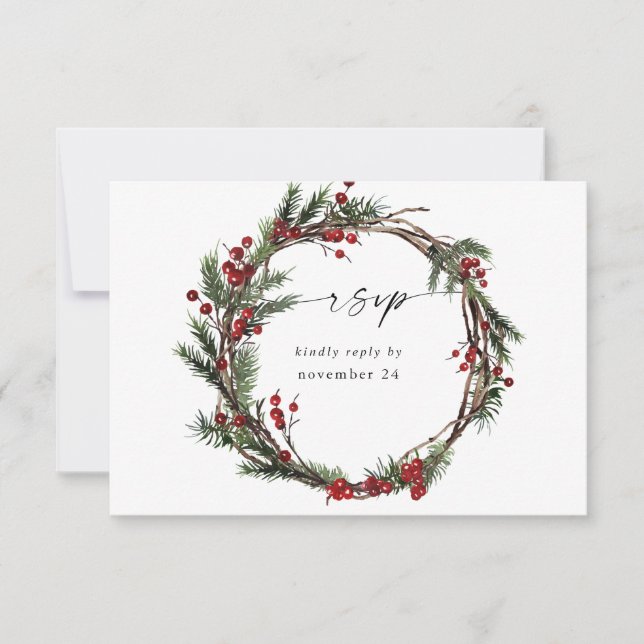 Christmas Berries & Pine w Meal RSVP Wreath Card (Front)