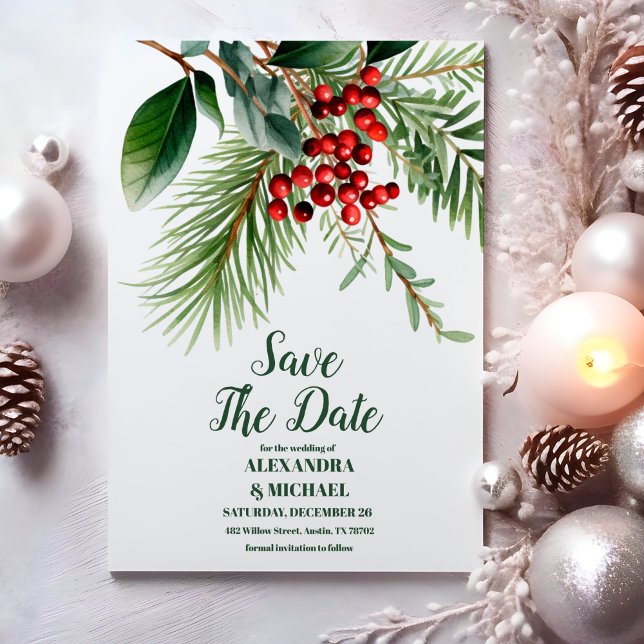 Christmas Berries & Pine Wedding Save The Date (Creator Uploaded)