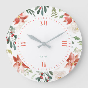 Christmas berries & poinsettia pattern large clock