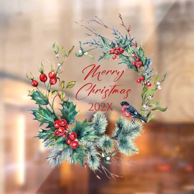 Christmas Berries Wreath Bullfinch, text Window Cling (Sheet 2)