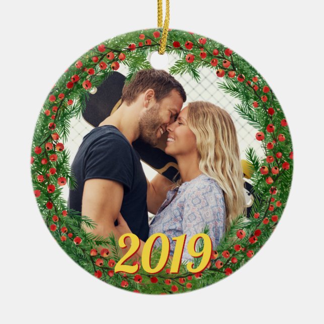 Christmas Berries Wreath Custom Photo Ceramic Ornament (Front)