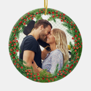 Christmas Berries Wreath Custom Photo Ceramic Ornament