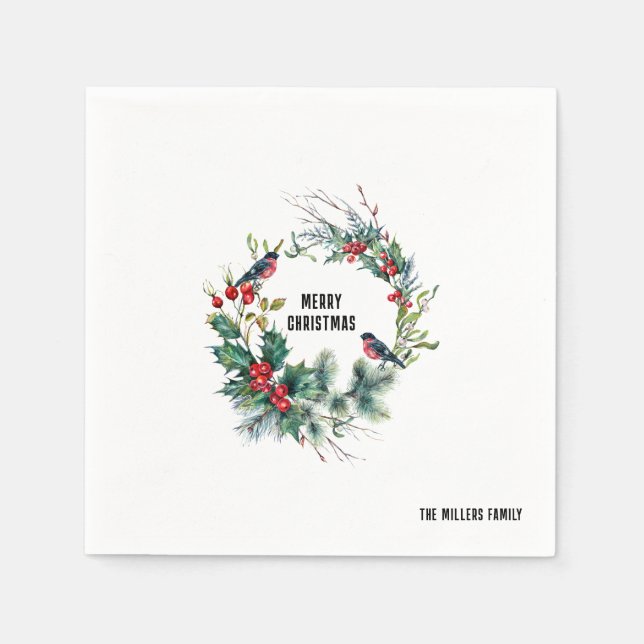 Christmas Berries Wreath Merry Christmas Typograph Napkin (Front)