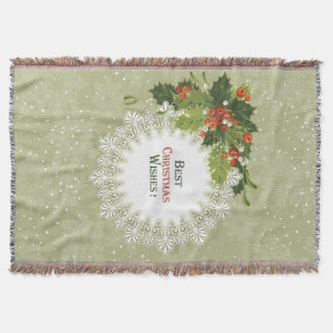 Christmas berries wreath with white circle lace throw blanket