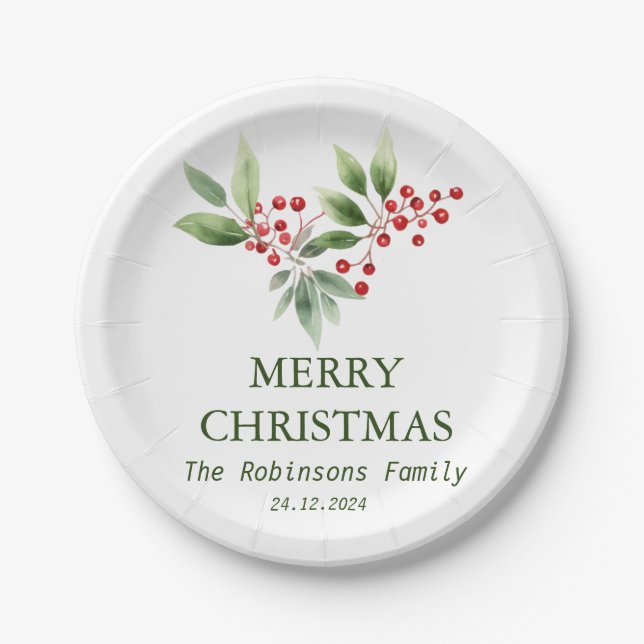 Christmas Berry Branch Watercolor Paper Plate (Front)