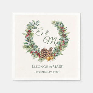 Christmas berry, pine wreath monogram Wedding Napkin