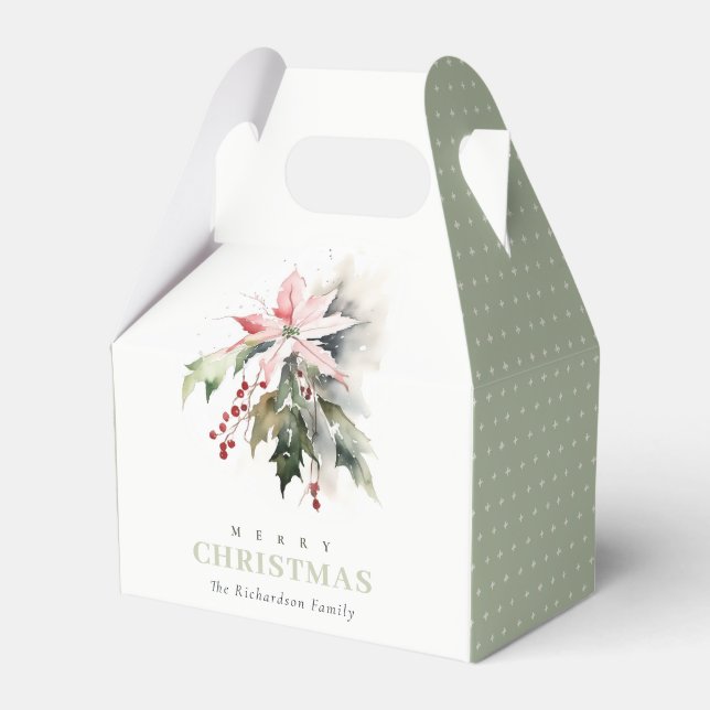 Christmas Berry Poinsettia Foliage Watercolor Favor Box (Front Side)