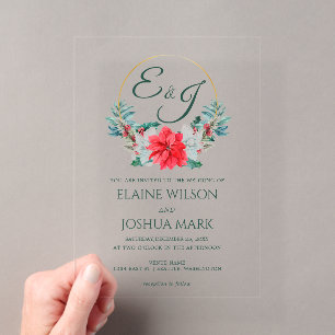 Christmas Berry Poinsettia Wreath Monogram Wedding Acrylic Invitations