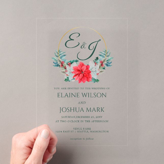 Christmas Berry Poinsettia Wreath Monogram Wedding Acrylic Invitations (Insitu (Handheld))