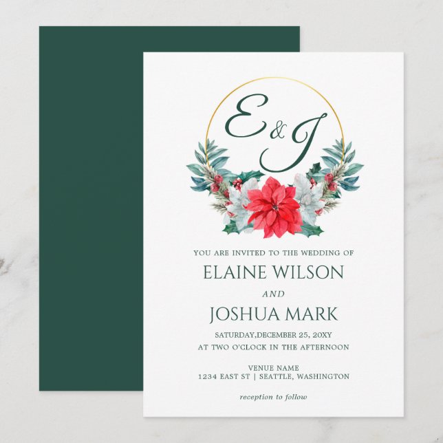 Christmas Berry Poinsettia Wreath Monogram Wedding Invitation (Front/Back)