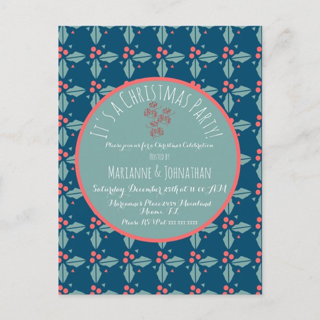 Christmas Berry Red Navy Christmas Party  Postcard (Front)