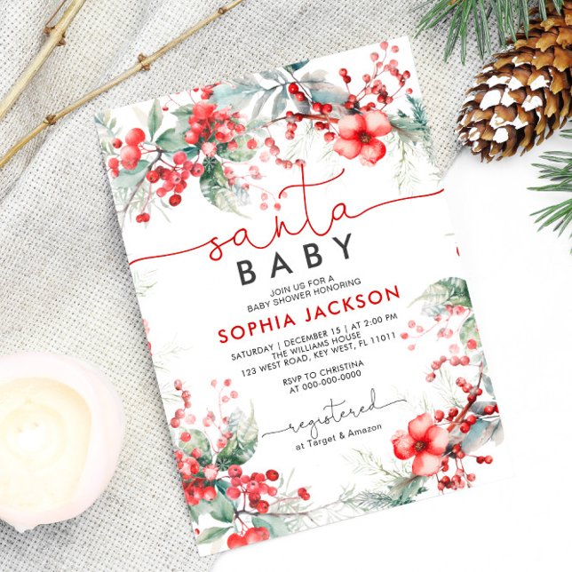 Christmas Berry Santa Baby Shower Invitation (Creator Uploaded)