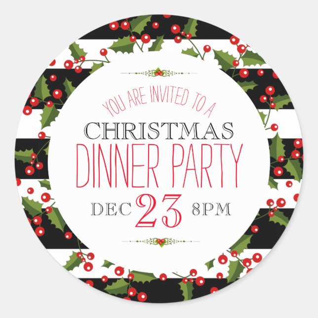 Christmas Berry Wreath Black & White Stripes Classic Round Sticker (Front)