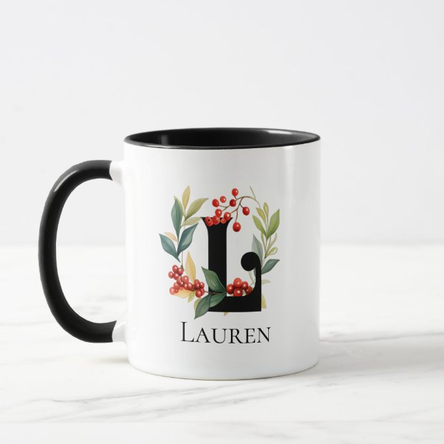 Christmas Berry Wreath Monogram Letter L Mug (Left)