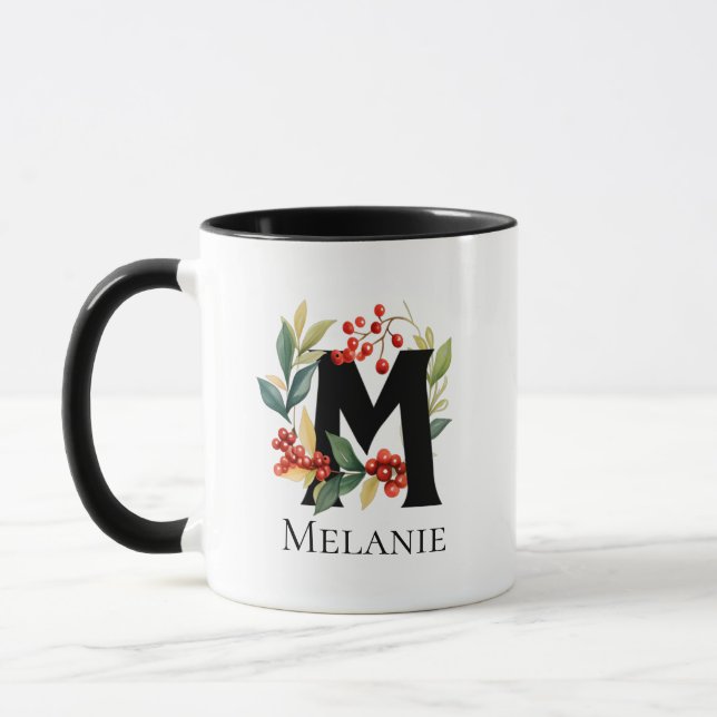 Christmas Berry Wreath Monogram Letter M Mug (Left)