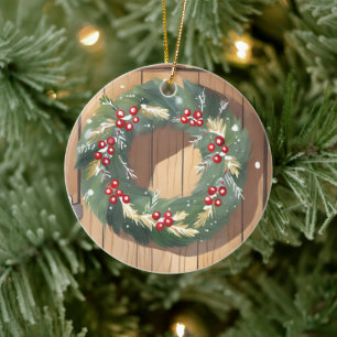 Christmas Berry Wreath Watercolor Rustic Merry Ceramic Ornament