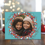 Christmas Berry Wreath with Circle Photo Holiday Postcard<br><div class="desc">A farmhouse blue with a berry wreath as a photo frame. A modern script is used for the Happy Holidays. A Christmas greeting - May your days be merry and bright - included on the postcard side with an area for family signature and greeting.</div>