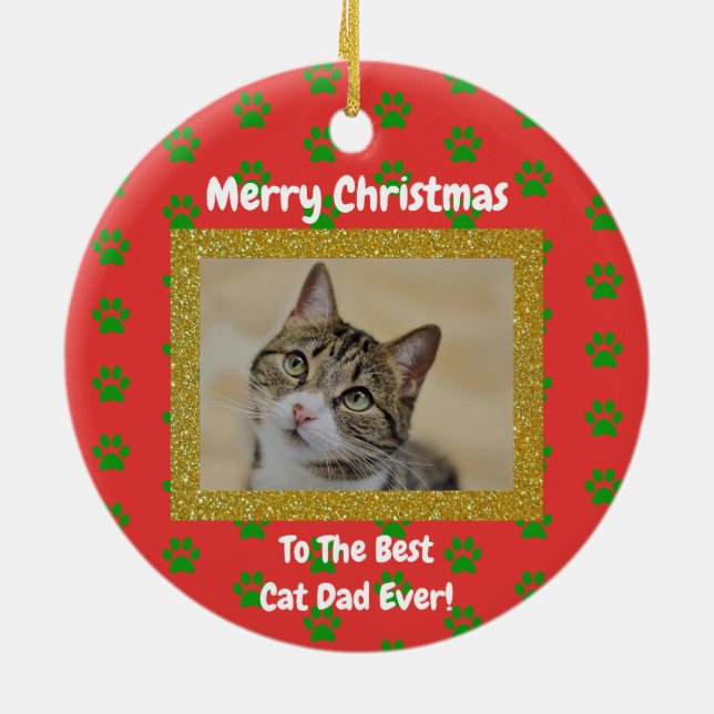 Christmas Best Cat Dad Ever Pet Photo Ceramic Ornament (Back)