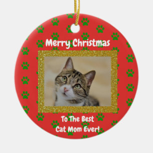 Christmas Best Cat Mom Ever Custom Pet Photo Ceramic Ornament
