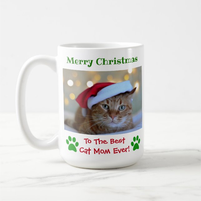Christmas Best Cat Mom Ever Pet Photo Coffee Mug (Left)