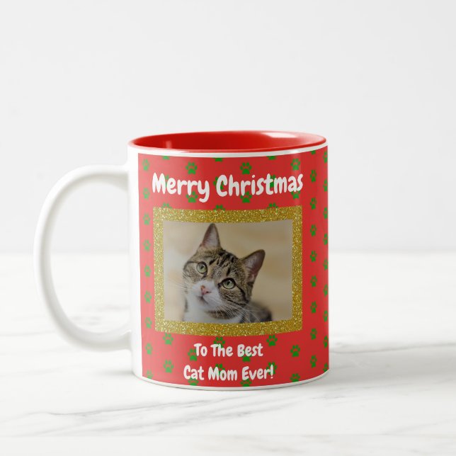 Christmas Best Cat Mom Ever Pet Photo Two-Tone Coffee Mug (Left)