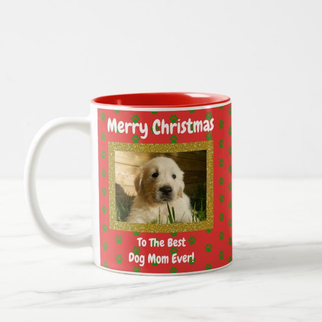 Christmas Best Dog Mom Ever Pet Photo Two-Tone Coffee Mug (Left)