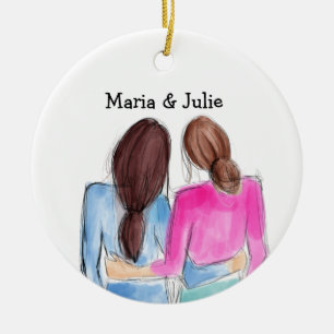 Christmas Best Friend Gift Two brunette girls Ceramic Ornament