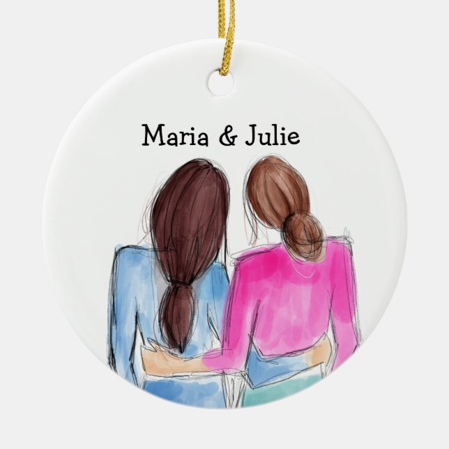 Christmas Best Friend Gift Two brunette girls Ceramic Ornament (Front)