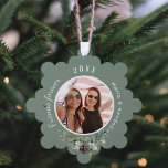 Christmas best friends photo sage green cone pine ornament card<br><div class="desc">Personalize and add your own photo. A sage green background decorated with a cone and pine greenery.  Add your names and year.</div>
