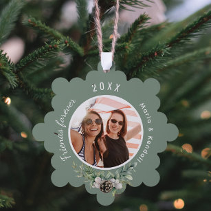 Christmas best friends photo sage green cone pine ornament card