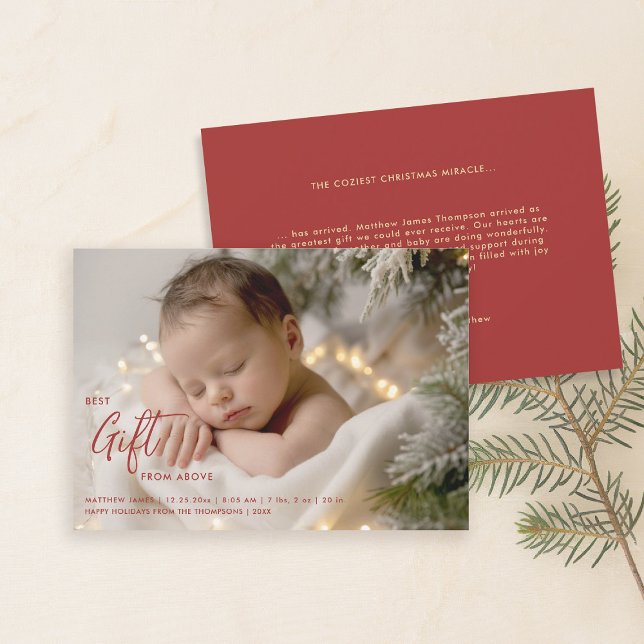 Christmas Best Gift Calligraphy Modern Baby Photo Announcement (christmas family card baby announcement best gift calligraphy simple elegant modern red gold)
