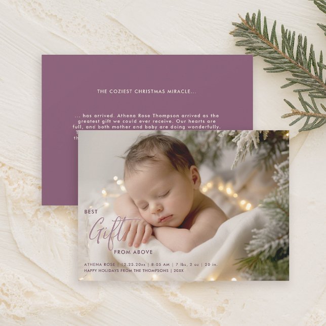 Christmas Best Gift Calligraphy Pink Baby Photo Announcement (christmas family card baby announcement best gift calligraphy simple elegant modern lavender pink)