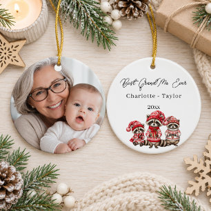 Christmas Best GrandMa Raccoons Kids Watercolor Ceramic Ornament