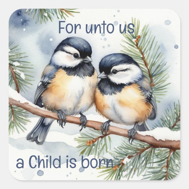Christmas Bible Quote Cute Chickadee Birds Square Sticker (Front)