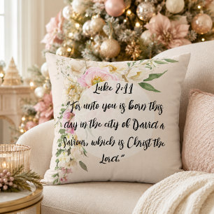 Christmas Bible Verse Jesus Luke 2 Floral Wreath Throw Pillow
