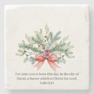Christmas Bible Verse Watercolor Greenery Holiday Stone Coaster