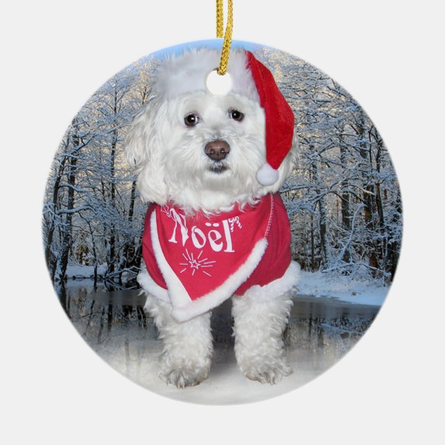 Christmas Bichon Frise Dog Ceramic Ornament (Front)