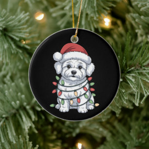 Christmas Bichon Frise Dog Santa Hat Xmas Lights Ceramic Ornament