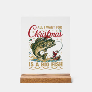 Christmas Big Fish Bass Santa Boat Fishing Acrylic Sign