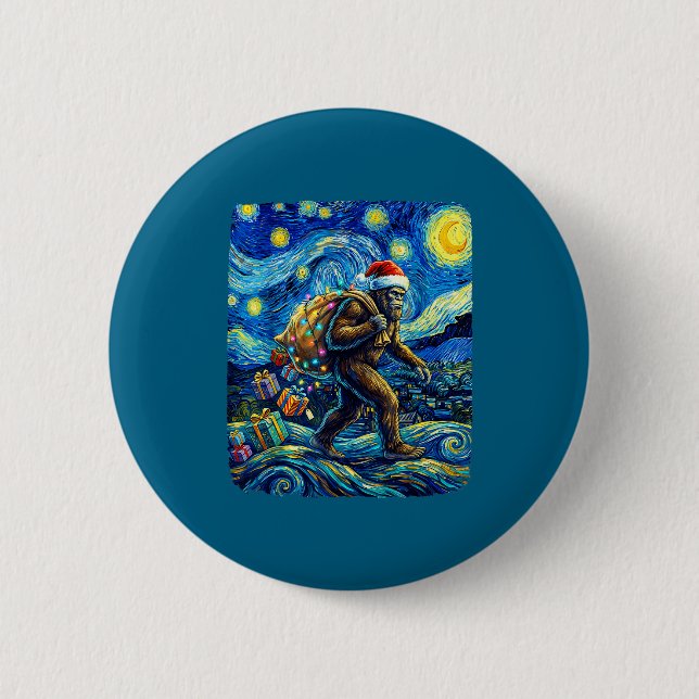 Christmas Bigfoot Santa Hat Van Gogh Starry Night  2 Inch Round Button (Front)