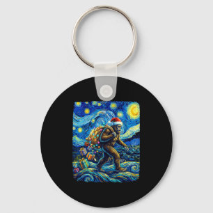 Christmas Bigfoot Santa Hat Van Gogh Starry Night  Keychain