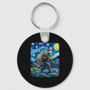 Christmas Bigfoot Santa Hat Van Gogh Starry Night Keychain