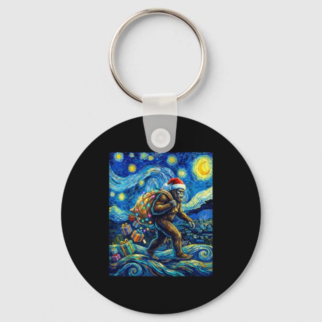 Christmas Bigfoot Santa Hat Van Gogh Walking In St Keychain (Front)