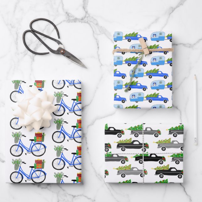 Christmas Bikes RVs Trucks Transport Variety Pack Wrapping Paper Sheet (Front)