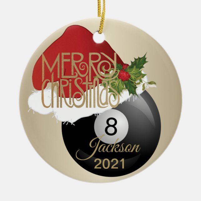 Christmas Billiard Eight Ball Ceramic Ornament (Front)