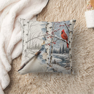 Christmas Birch Forest and Cardinal Painting Throw Pillow